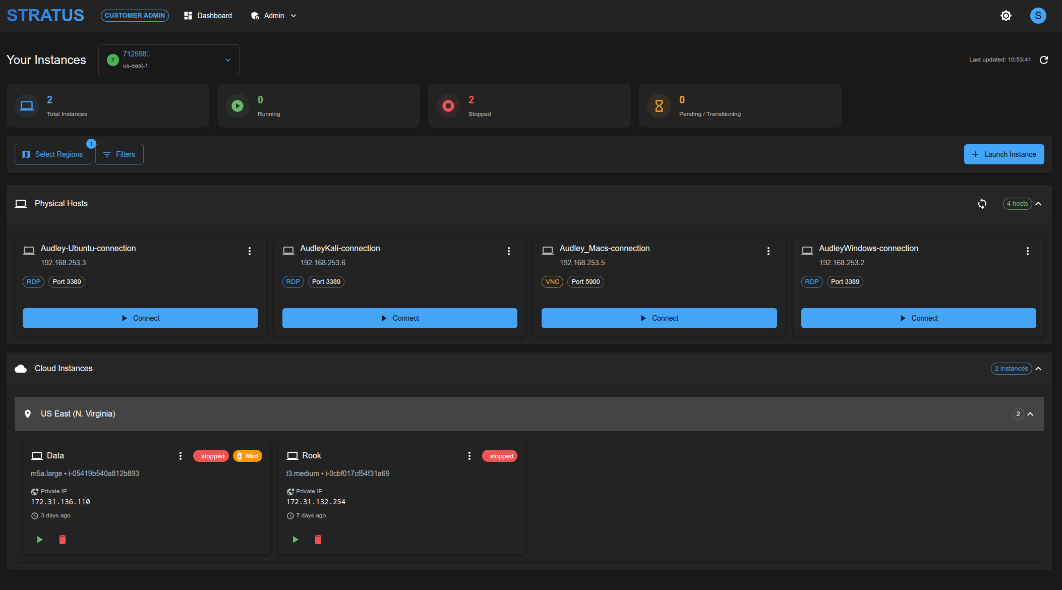 Stratus workstation management showing multiple forensic environments across regions